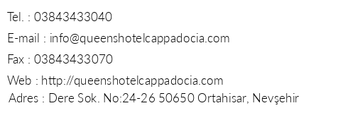 Queens Cave Cappadocia telefon numaralar, faks, e-mail, posta adresi ve iletiim bilgileri